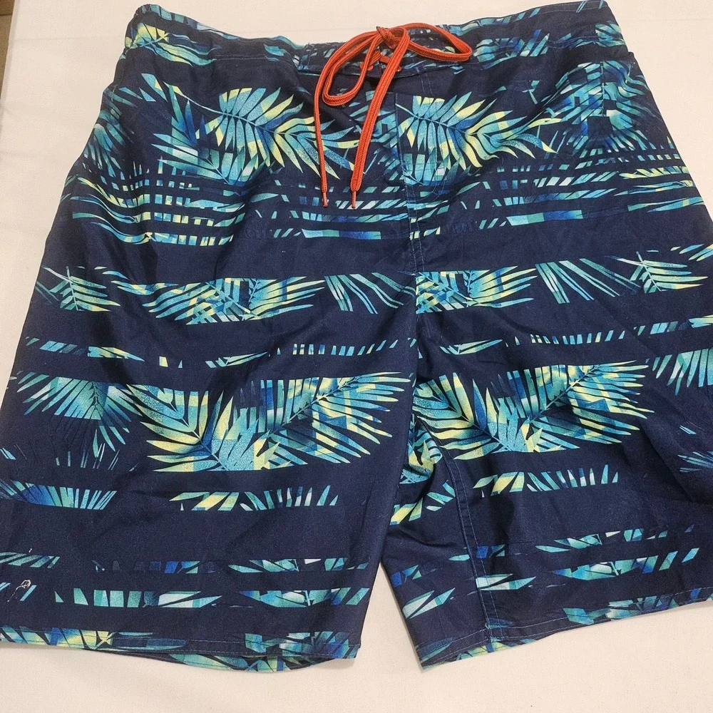 Laguna Mens Tropical Palm Print Swim Trunks Navy Blue Teal Orange Large L81134